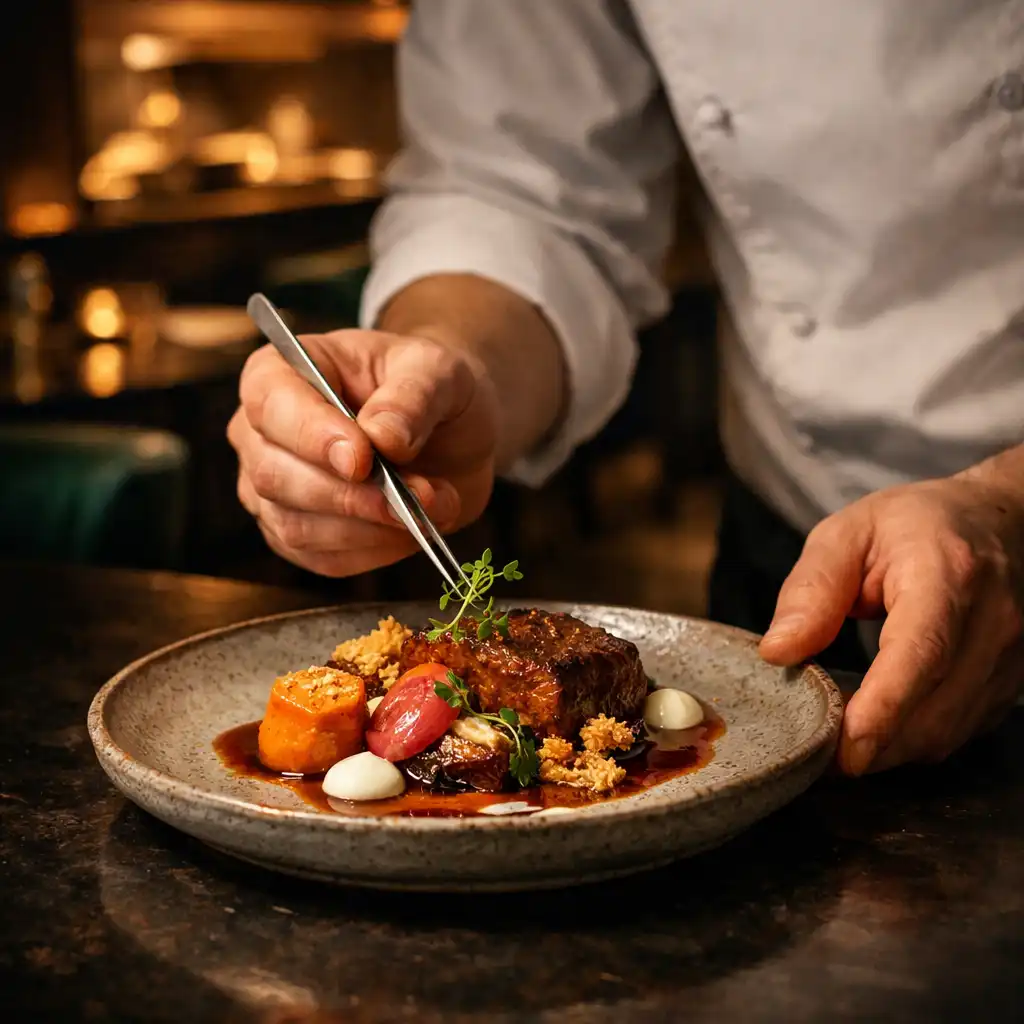 Séf kezei egy kortárs magyar ihletésű fogás végső tálalásán