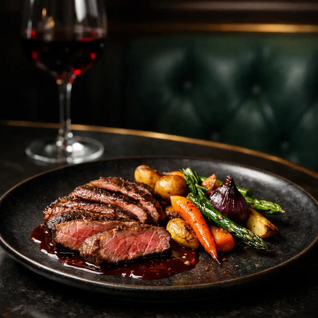 Szeletelt steak szezonális körettel és finom mártással