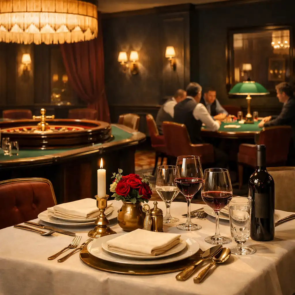 Terített vacsoraasztal meleg fényű kaszinói lounge enteriőrben