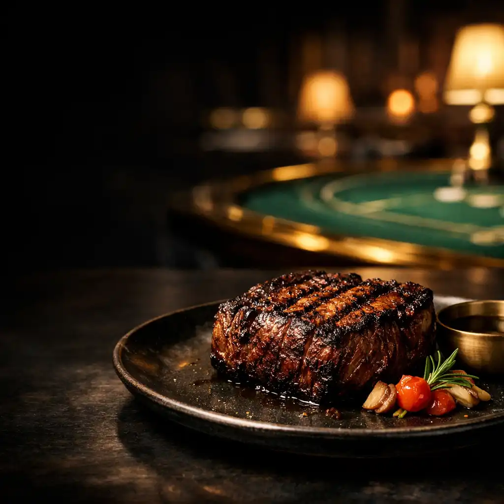 Faszenes steak sötét kerámiatányéron, meleg éttermi fényben