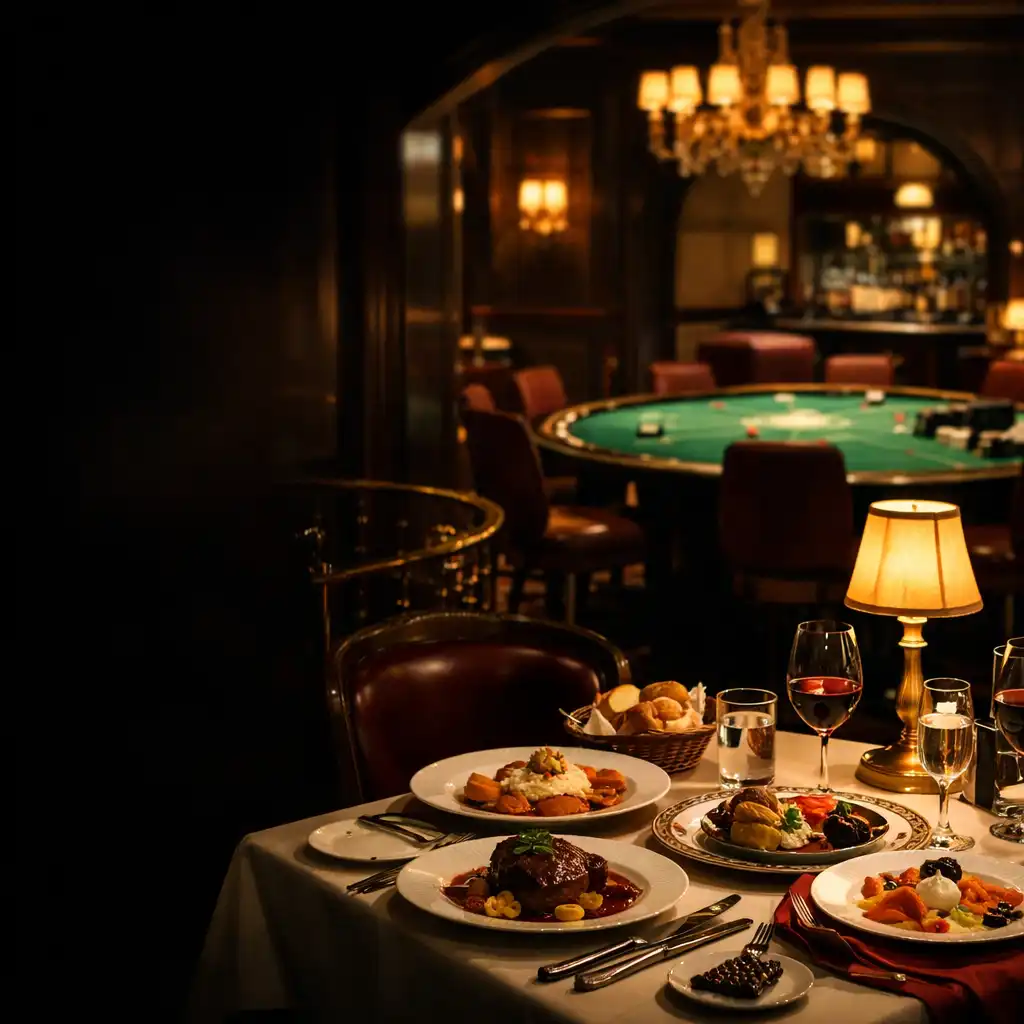 Melegen megvilágított terített asztal egy elegáns éttermi térben, háttérben visszafogott lounge-részlettel