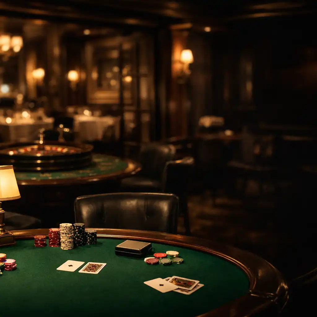 Elegáns kaszinói lounge emerald pókerasztallal, rulettasztallal és meleg brass fényekkel