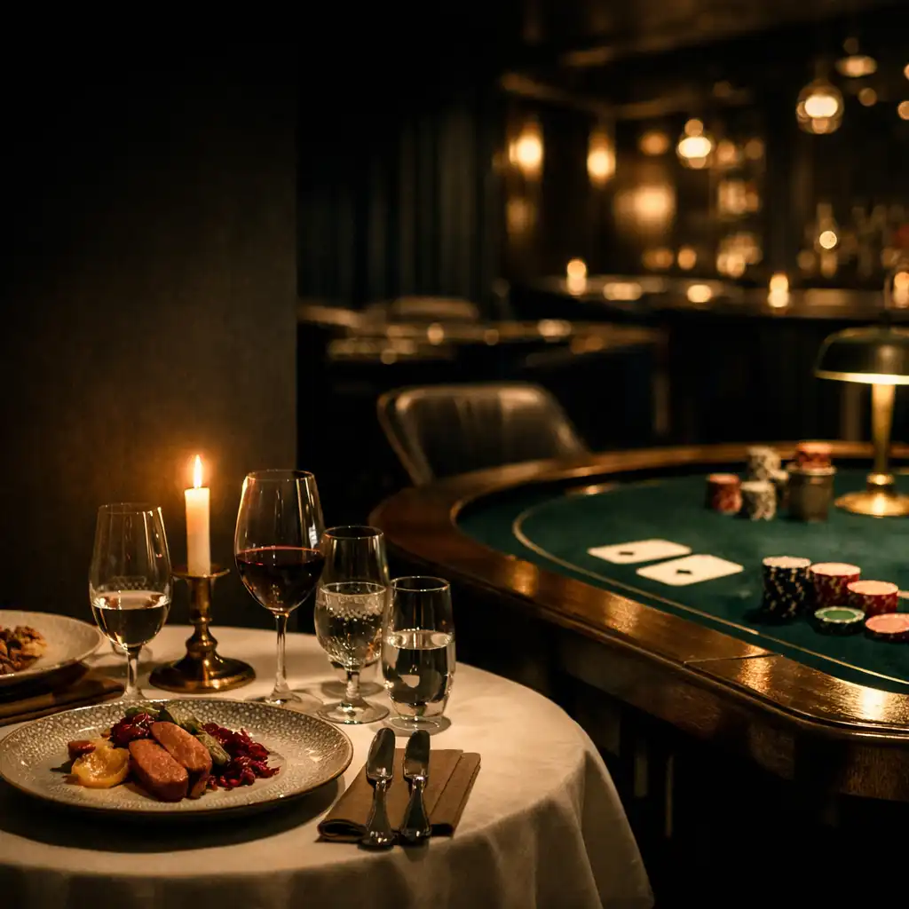 Elegánsan terített vacsoraasztal meleg fényben, háttérben emerald kaszinói lounge részletekkel