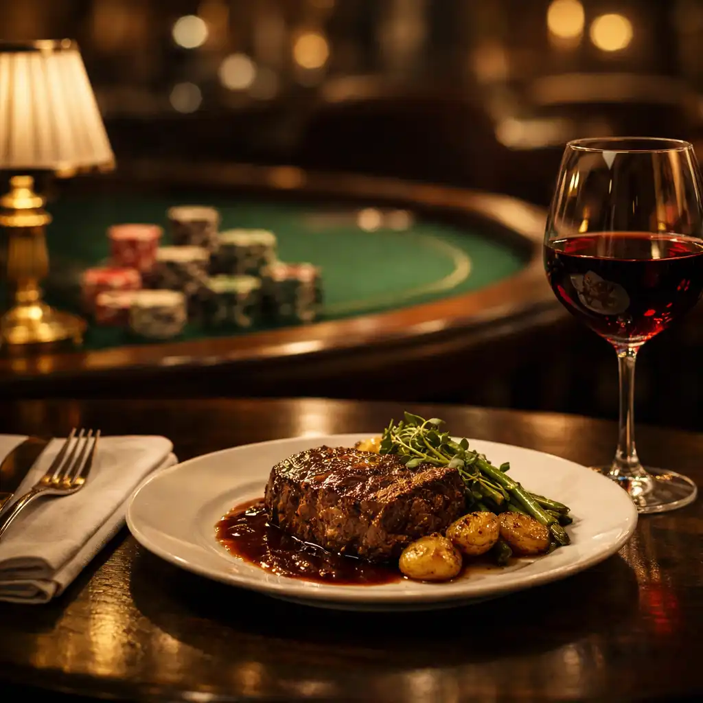 Steak és vörösbor elegáns asztalon, háttérben elmosódó kaszinói lounge-részletekkel