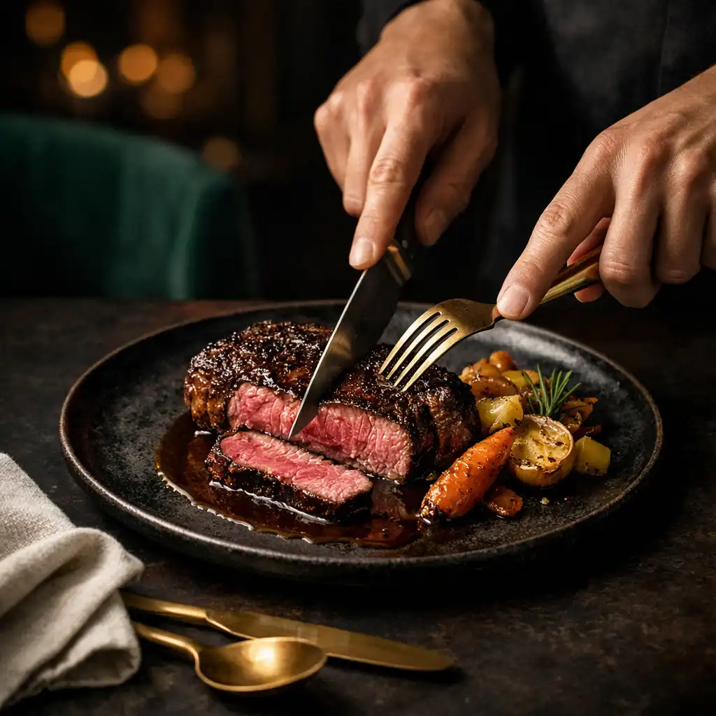 Frissen szeletelt steak rózsás belsővel, meleg éttermi fényben