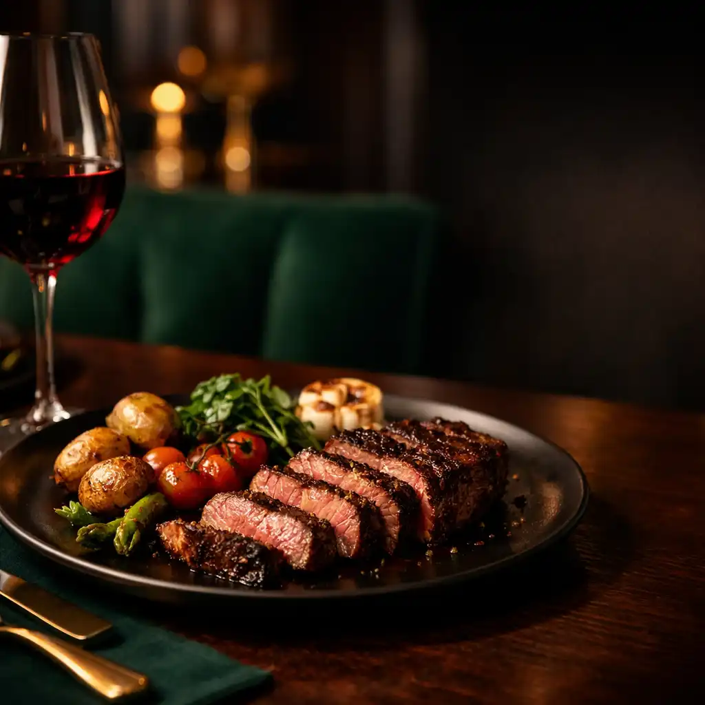 Szeletelt steak sötét tányéron, vörösborral és meleg asztali fénnyel