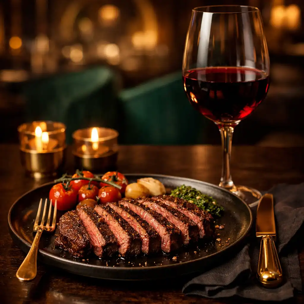Szeletelt steak sötét tányéron, vörösborral és meleg asztali fénnyel